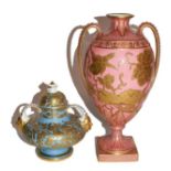 A Royal Crown Derby vase, gilt on pink and a Royal Crown Derby covered vase, gilt on blue (2)