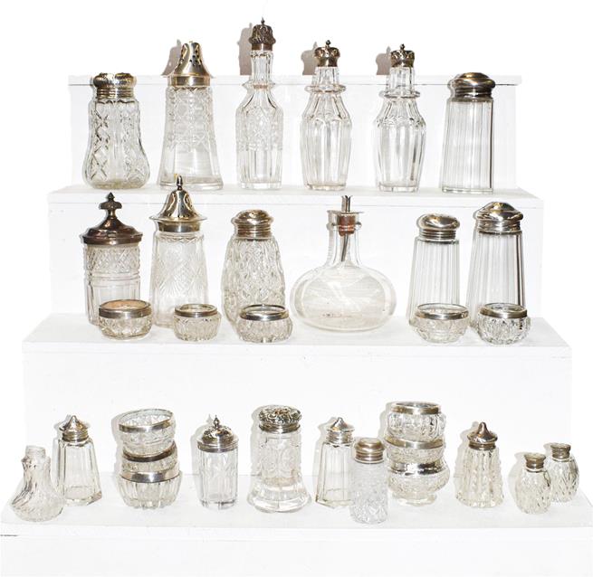 A box of assorted silver-mounted glass casters and salt-cellars (lot)