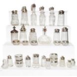 A box of assorted silver-mounted glass casters and salt-cellars (lot)