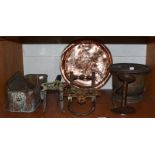 Two 19th century trivets, Johnnie Walker copper tray, etc