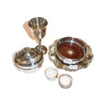Silver comprising, sucrier, goblet, two napkin rings, two bottle coasters (6)