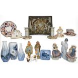 Royal Copenhagen plaque, vases, candlesticks, Lladro figures, Coalport houses, Royal Doulton dog,