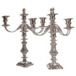 A pair of silver plated three light candelabra