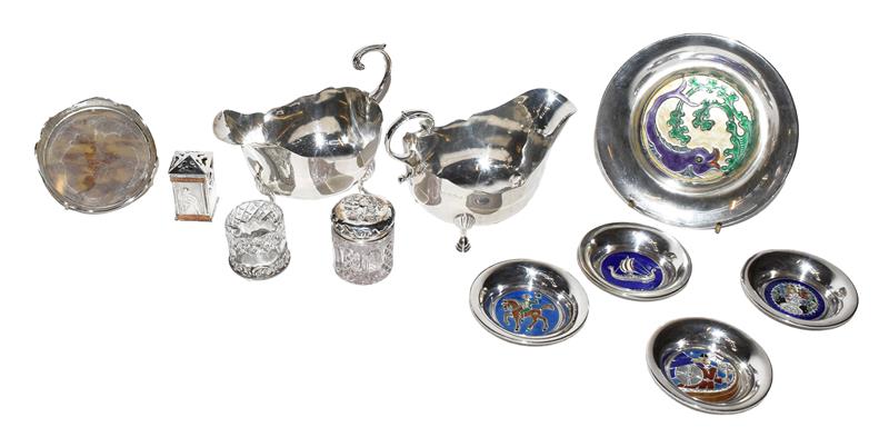 A tray of silver items including a pair of sauceboats and five Norwegian silver and enamel dishes by