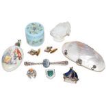 A pair of hunting cufflinks, a scent bottle, shell purse, Sabino glass fish, box of Irish linen,