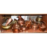 A group of 19th century and later copper and brass including trivets, kettles, harvest jug, ale