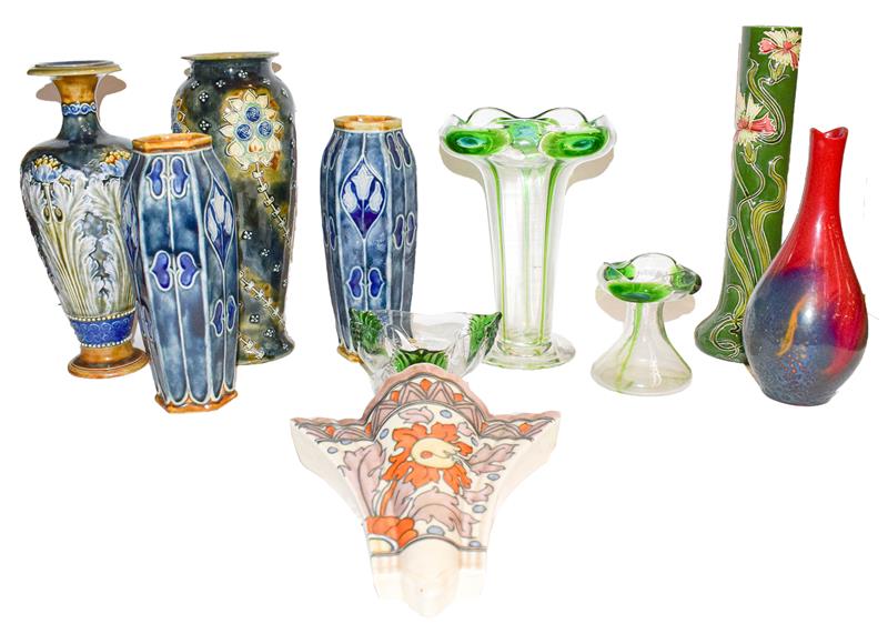 Charlotte Rhead wall pocket, a pair of Doulton Lambeth vases, two others restored, an Austrian