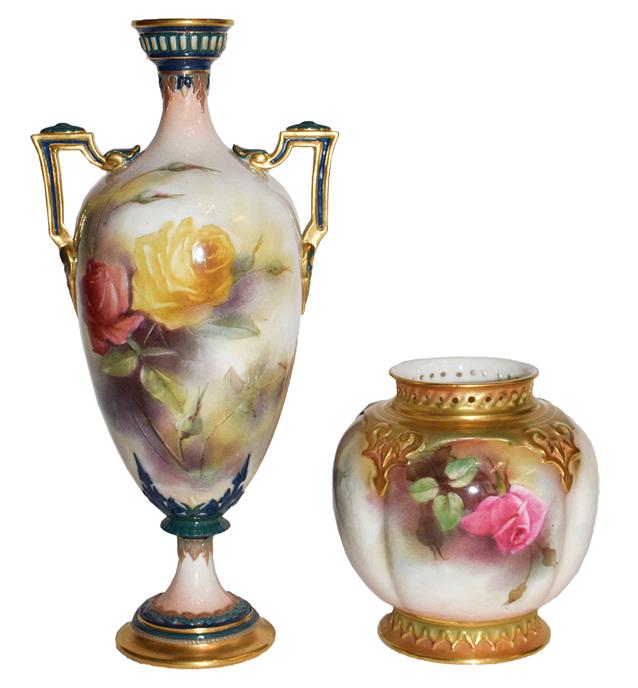 A Royal Worcester Hadley ware vase and a Royal Worcester vase, painted with roses (2) Twin-handled