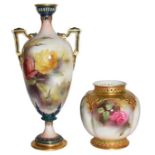 A Royal Worcester Hadley ware vase and a Royal Worcester vase, painted with roses (2) Twin-handled