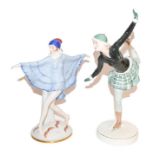 Katzhutte figure of a deco dancer in blue shawl, another stylish group of a skater (2) Hat with