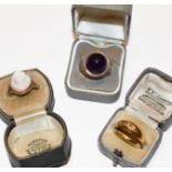 A 9 carat gold amethyst ring, finger size R1/2; a cameo ring, stamped '9CT', finger size P; an 18