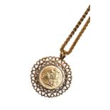 A half sovereign dated 1912 mounted as a pendant on chain, chain length 42cm. Mount hallmarked 9