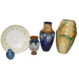 Two Doulton Lambeth vases, a Royal Lancastrian large pottery bowl and squat blue vase, and a large