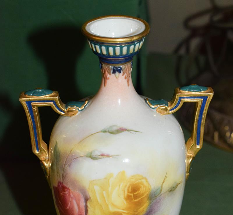 A Royal Worcester Hadley ware vase and a Royal Worcester vase, painted with roses (2) Twin-handled - Image 7 of 16