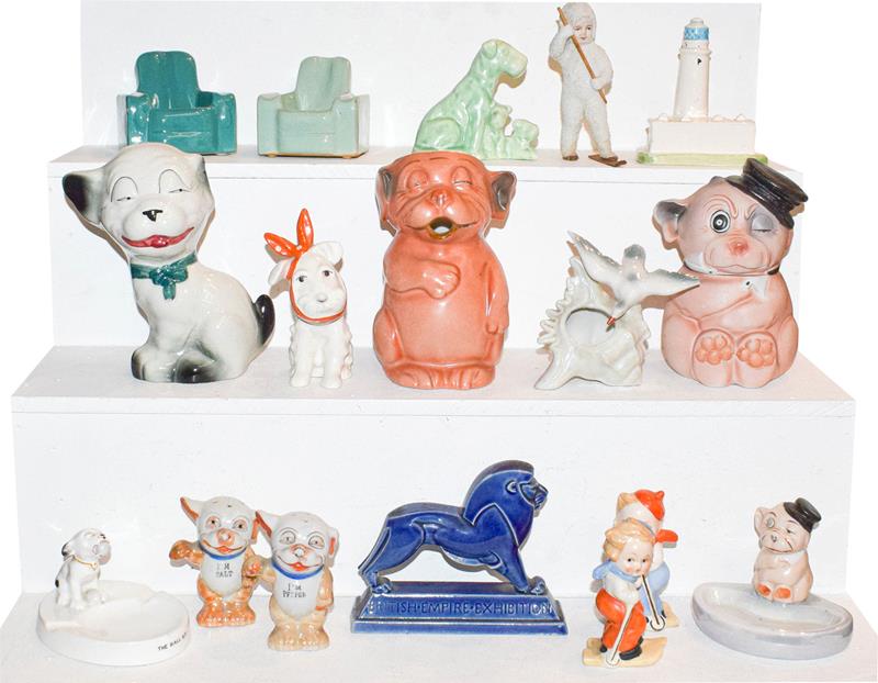 Two trays of assorted circa 1930's and later pottery miniature figures, Banzo figures, souvenir of