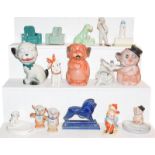 Two trays of assorted circa 1930's and later pottery miniature figures, Banzo figures, souvenir of