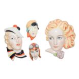 Goebels deco wall mask of a blonde girl, a Czech smaller mask of girl with striped scarf, a