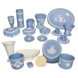 Wedgwood blue and white Jasperware including vases, collectors plates, boxes etc (three trays)