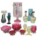 A quantity of Victorian and later coloured glassware including an enamelled opaque blue vase, pair