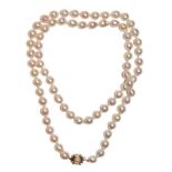 A cultured pearl necklace knotted to a 9 carat gold cultured pearl and sapphire clasp, length 69cm