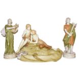 Two Royal Dux figures, together with a continental figural dish (3) These pieces are post 1919 and