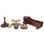 Dolls cradle, set of brass mounted postal scales and weights, cotton reel stand, ebonised inkstand