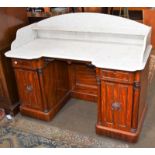 A Victorian mahogany marble top breakfront washstand with turned column supports and panelled doors,