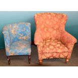 A Victorian upholstered tub chair on turned mahogany supports, together with an early Victorian