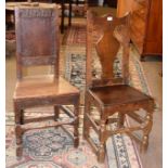 A 17th century oak plank seated chair with vasiform splat, together with another 17th century oak