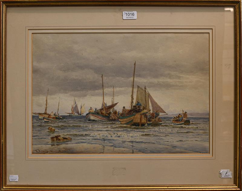 Thomas Bush Hardy (1842-1897) ''Landing fish at Scarborough'', signed, inscribed and dated 1887,