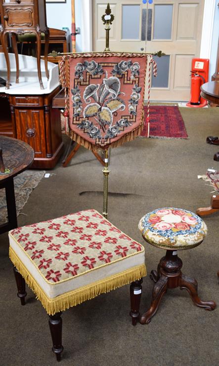 An Edwardian inlaid mahogany three-tier cake stand, together with a brass pole screen with - Image 2 of 2