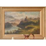 J Ellis (19th/20th century) A Lochside castle in a mountainous landscape, signed oil on canvas, 75cm