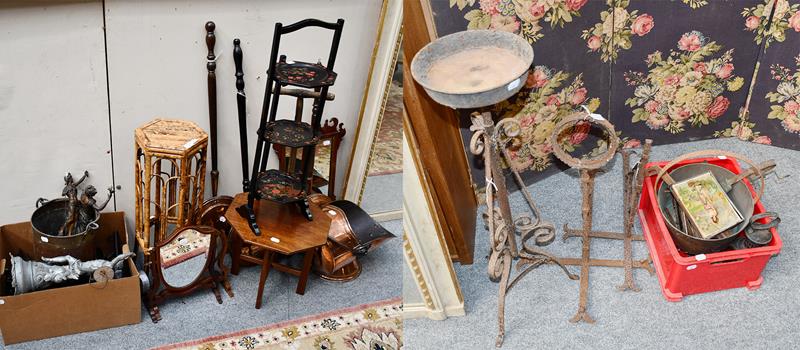 A group of items including Aesthetic period bamboo plant stand, three copper warming pans, copper