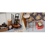A group of items including Aesthetic period bamboo plant stand, three copper warming pans, copper