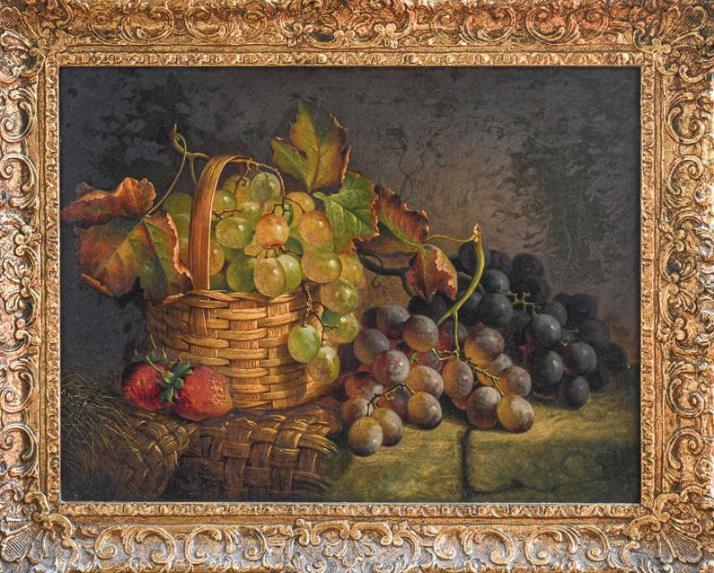 Follower of Edward Ladell (19th/20th century) Still life with a basket of grapes, oil on board, 28.