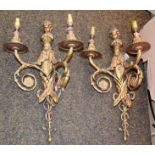 A quantity of metal wares including a pair of gilt metal twin branch wall lights, pierced door