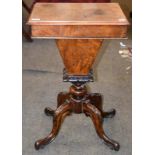 A Victorian walnut pedestal work table with fitted interior, 49cm by 38cm by 78cmFaded. Cracked