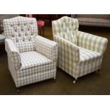 A near pair of button armchairs both moving on casters (2)