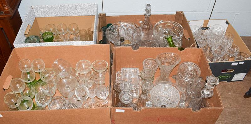 Five boxes of assorted glassware, including: decanters, Stuart crystal wine glasses, other