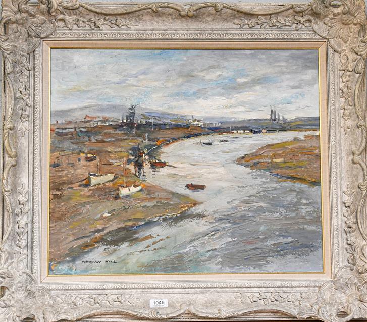 Adrian Hill (20th century) ''Shoreham Harbour from the Bridge'', signed oil on board, 50cm by 60cm