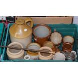 A Victorian copper oil lamp base, three various oil lamp shades, a group of stoneware jars and