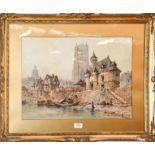 Paul Marney (1829-1914) Continental town view from the river, signed, watercolour, 37.5cm by 52.5cm