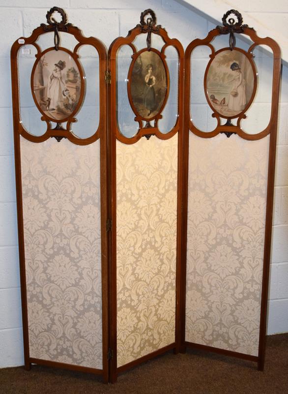 A mahogany inlaid three-fold screen glazed with cream brocade, each panel 46cm by 180cm