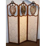 A mahogany inlaid three-fold screen glazed with cream brocade, each panel 46cm by 180cm
