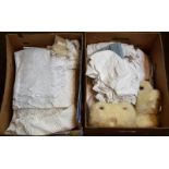 Assorted textiles including night wear, undergarments, bedcover, crochet, white rabbit fur muffs and