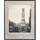 After Percy Smith, three etchings of a Continental town square, 47cm by 27cm, and a Continental