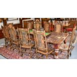 A set of ten 1920's caned and carved oak high back dining chairs