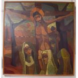 R. Rapisardo (20th century) Contemporary oil on board depicting Jesus on the cross with accompanying