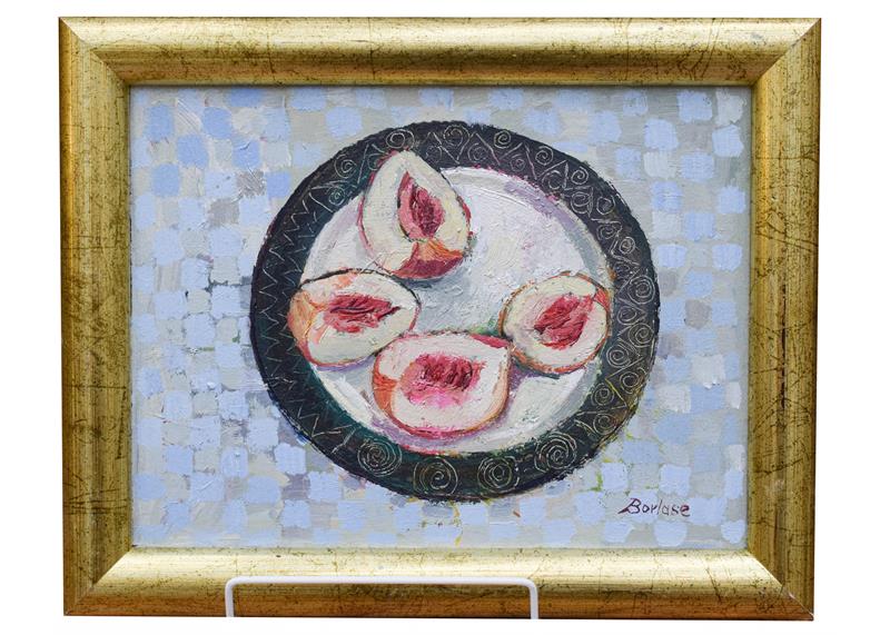 Deirdre Borlase (1925-2018) Still life of peach segments on a plate, signed, oil on board, 21cm by