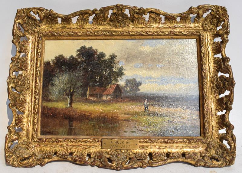 Attributed to Abraham Hulk Jnr. (1851-1922) Country cottage with figure in landscape, signed, oil on